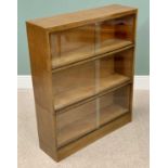 VINTAGE OAK THREE-SECTION STACKING BOOKCASE with sliding front door on a plinth base, 106cms H,