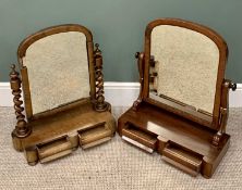VICTORIAN SWING TOILET MIRRORS x 2, both having arched top mirrors and twin lower drawers on