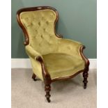 VICTORIAN MAHOGANY PARLOUR ARMCHAIR, in green dralon, button upholstered to the curved back,