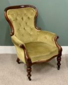 VICTORIAN MAHOGANY PARLOUR ARMCHAIR, in green dralon, button upholstered to the curved back,