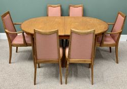 VINTAGE G-PLAN TEAK EXTENDING DINING TABLE & SIX (4+2) TEAK DINING CHAIRS, red label to the table