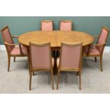 VINTAGE G-PLAN TEAK EXTENDING DINING TABLE & SIX (4+2) TEAK DINING CHAIRS, red label to the table