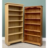 REPRODUCTION PINE & LIGHT OAK EFFECT BOOKCASE x 2, the pine example having three adjustable and