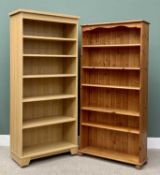 REPRODUCTION PINE & LIGHT OAK EFFECT BOOKCASE x 2, the pine example having three adjustable and