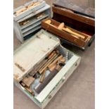 THREE VINTAGE TOOLBOXES & CONTENTS, 42cms H, 60.5cms W, 20cms D (the largest)