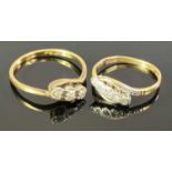 18CT GOLD & PLATINUM DIAMOND RINGS - both being crossover design, the smaller having five inline