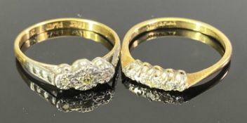 18CT GOLD & PLATINUM DIAMOND RINGS (2) - the first having an inline claw set row of five small