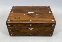 ROSEWOOD WORKBOX - with fitted interior and mother of pearl detail, 12 x 28 x 20cms