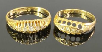 BIRMINGHAM 18CT GOLD 5 STONE DIAMOND RINGS (2) - both having inline rows of small diamonds in