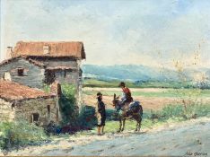 JOAO MOREIRA oil on canvas - Spanish scene with two figures at roadside in conversation, one on a