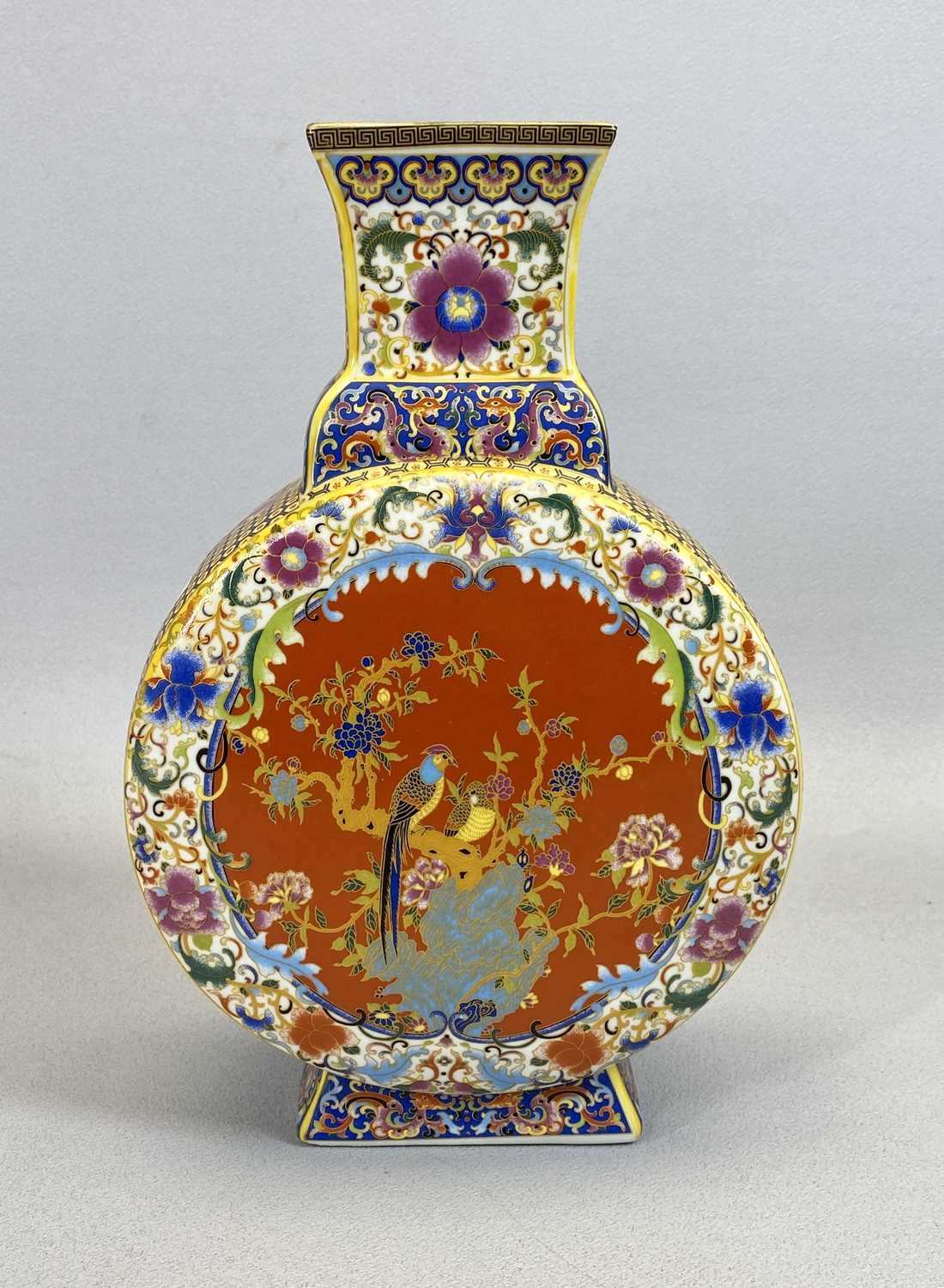 CHINESE PORCELAIN MOON FLASK VASES, A PAIR - 20th century, decorated enamels with central panels - Image 3 of 5