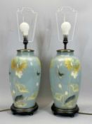 CONTEMPORARY GLASS TABLE LAMPS, A PAIR - blue opaque and decorated with flowers, butterflies and