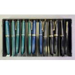 PARKER DUOFOLD & SLIMFOLD FOUNTAIN PENS (12) - five green, two blue, five black, all having 14ct
