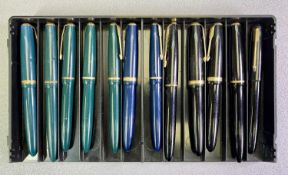 PARKER DUOFOLD & SLIMFOLD FOUNTAIN PENS (12) - five green, two blue, five black, all having 14ct