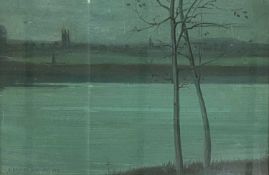 S MORSE BROWN oil on board - a waterway at evening with two small trees to the foreground and church
