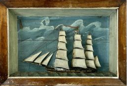 ANTIQUE FRAMED DIORAMA OF A FULL-RIGGED SHIP - 63 x 92cms