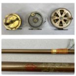 VINTAGE FISHING REELS (3) by T J Harrington, Milbro and J Bernard together with a rod by Daiwa