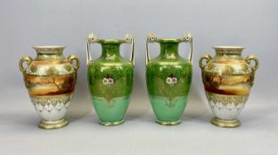 NORITAKE TWIN-HANDLED VASES, 2 PAIRS - one with flowers and gilding on a green two tone ground,