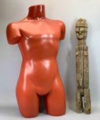 A VINTAGE SHOP MODEL TORSO IN RED, 88cms H and an African carving of a figure, 81cms H