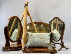 VICTORIAN MAHOGANY INLAID SERVING TRAY with brass handles, 56 x 39cms, two dressing table mirrors, a