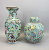CHINESE FAMILLE ROSE VASE - of baluster form, 20th century, turquoise ground and decorated with