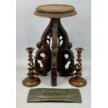 EASTERN HARDWOOD CARVED FISH TRIPOD TABLE, 52cms tall, a pair of open twist treen candlesticks,