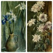 STILL LIFE watercolours, a pair - Chrysanthemums and Iris, both in swept frames, 45 x 24cms