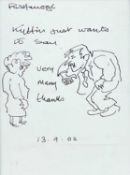 SIR KYFFIN WILLIAMS RA ink sketch - thank you note and cartoon sketch with inscription 'Kyffin