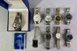 GENT'S STAINLESS STEEL BRACELET FASHION WATCHES (9) - various makers including Seiko, Fossil,