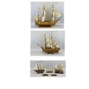 MODEL THREE MASTED SHIPS (2), 70cms the tallest and four other smaller model ships