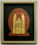 YORKSHIRE FIRE INSURANCE PLAQUE - coloured pressed metal (copper?) depicting York Minster above date