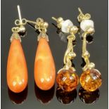 LADY'S VINTAGE DROP EARRINGS, 2 PAIRS - a 9ct gold stamped pair, the drops formed as twisted