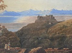 ATTRIBUTED TO JOHN VARLEY watercolour - possibly Harlech castle overlooking the sea and Eryri (