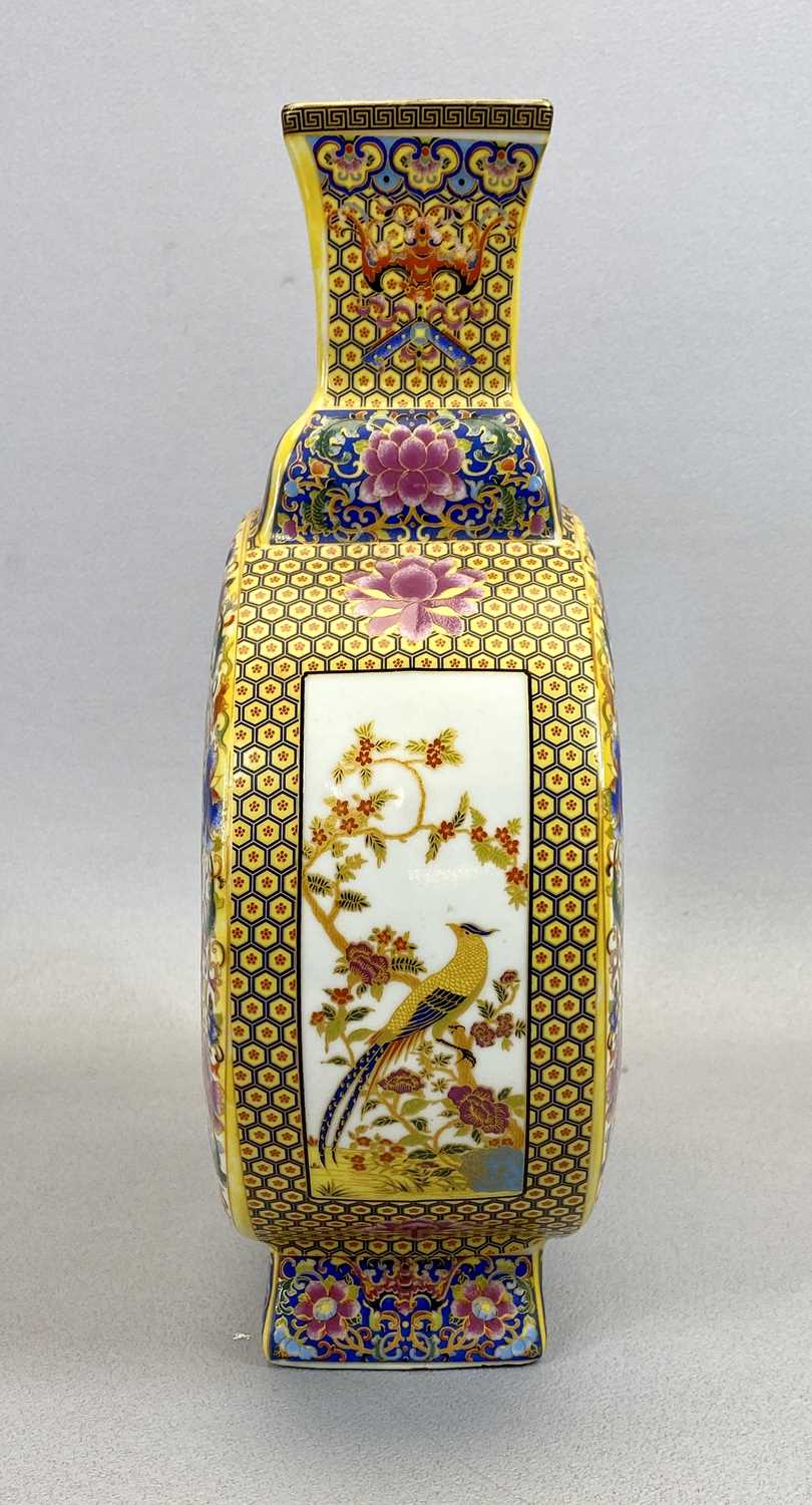 CHINESE PORCELAIN MOON FLASK VASES, A PAIR - 20th century, decorated enamels with central panels - Image 4 of 5