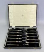 AS NEW SET OF 6 HORN HANDLED STEAK KNIVES & FORKS - by Walker & Hall Sheffield, all have