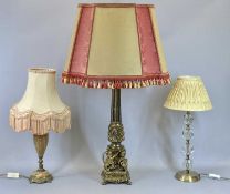 FANCY TABLE LAMPS (3) - including cherub decorated brass effect example with reeded column, 63cms
