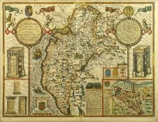 JOHN SPEEDE hand coloured engraved map 17th century - Cumberland and the Ancient City Carlisle,