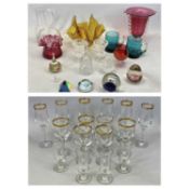 GLASS ASSORTMENT - Cranberry, Amber vases, drinking glassware and paperweights