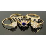 9CT GOLD DRESS RINGS (5) having various white and colourful paste/CZ settings, ring size P the