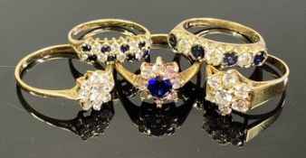 9CT GOLD DRESS RINGS (5) having various white and colourful paste/CZ settings, ring size P the