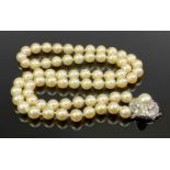 SINGLE STRAND CULTURED PEARL NECKLACE WITH DIAMOND CLASP - 61cms overall L open, 31cms L closed, the