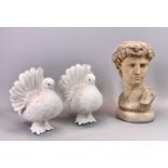 STONEWARE ORNAMENT - a bust of 'David', 32cms H and a pair of composition ornamental doves