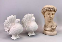 STONEWARE ORNAMENT - a bust of 'David', 32cms H and a pair of composition ornamental doves