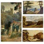 AFTER J M W TURNER watercolours, a pair - country scenes, 12 x 21cms, other watercolours (2)