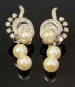 VINTAGE DIAMOND & PROBABLY CULTERED PEARL EARRINGS, A PAIR - the unmarked white metal fashioned as