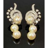 VINTAGE DIAMOND & PROBABLY CULTERED PEARL EARRINGS, A PAIR - the unmarked white metal fashioned as