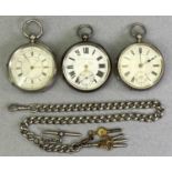 SILVER CASED OPEN FACE POCKET WATCHES (3) and a large curb link white metal Albert with T bar, clips