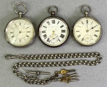 SILVER CASED OPEN FACE POCKET WATCHES (3) and a large curb link white metal Albert with T bar, clips