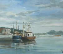 ROBERT DUDLEY BAILEY RCA (Born 1931) oil on board - Conwy Quay with fishing boats, monogrammed, 22.5