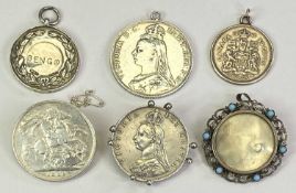 VICTORIA & LATER COIN JEWELLERY, SILVER MEDALLION & AN 800 STAMPED PENDANT BROOCH - lot includes two